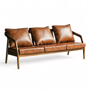 Three-Seat Midcentury Modern Upholstered Square <b>Sofa</b> Set with Ash <b>Wood</b> <b>Frame</b> and Faux Leather Cushions SFB68067 - Product Image 1