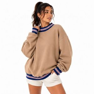 womens lilac purple light purple striped rib mock neck oversized sweatshirt long sleeve cozy fleece <b>pullover</b> <b>jumper</b> top - Product Image 3