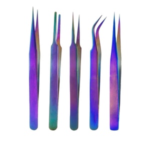Ensemble de 5 pinces à cils en acier inoxydable multicolores, pointe fine, droites, angulaires, outils pour extensions de cils volume - Product Image 1