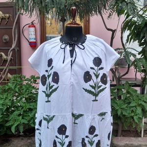 เดรสผ้าฝ้ายพิมพ์ลายบล็อกไซส์ใหญ่พิเศษเดรสยาวสำหรับงานปาร์ตี้แบบลำลองคอวีมีกระเป๋า - Product Image 5