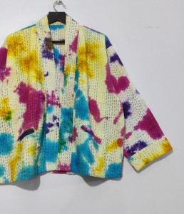 Unisex Handmade Bohemian Cotton <b>Jacket</b> Autumn Tie Dye <b>Kantha</b> Open Front Quilted Raw/Free Edge Printed Short Knitted Breathable - Product Image 2