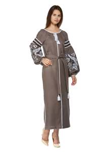 Dernière robe de broderie ukrainienne exclusive pour dames tissu de coton fait à la main jolies manches longues taille naturelle gland tissé - Product Image 2