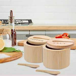 2pcs <b>Bamboo</b> Salt and Pepper Bowls Cellar with Magnetic Swivel Lid <b>Containers</b> Serving Spoons Box Engraved for Salt Pepper - Product Image 5