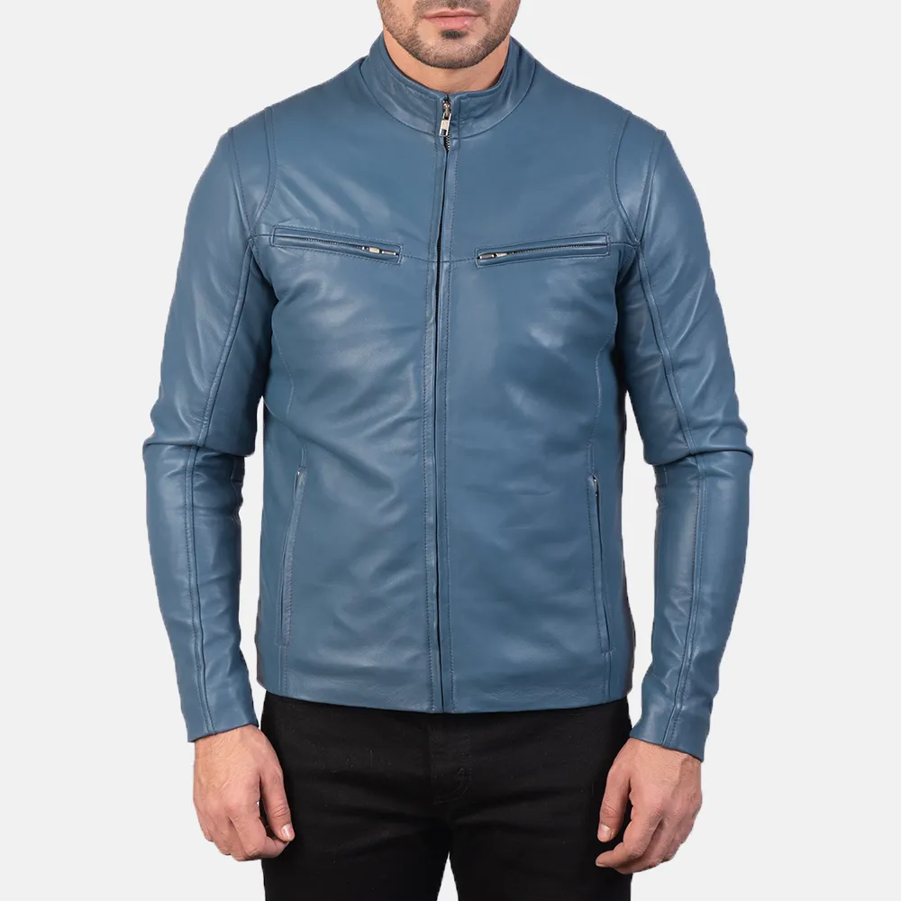 Real Leather Sheepskin Aniline Zipper Iconic Blue Men Biker Jacket with Quilted Viscose Lining and Inside Outside Pockets