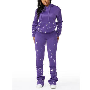 Vente chaude bouffée impression pantalons de survêtement évasé stracked élégant survêtement pour les femmes USA taille pull fermeture éclair complète survêtement à capuche - Product Image 2