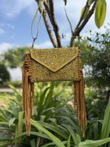 Latest Designer Hand Tooled Fringe Handbag Real Leather Handmade Carving Tooling Yellow Colour <b>Sling</b> Bag Western Stylish Bags - Product Image 3