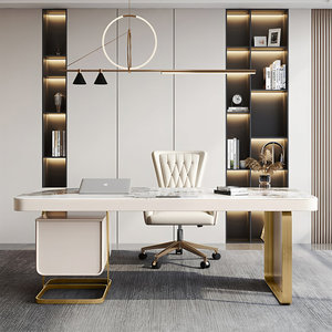 Bureau d'ordinateur de luxe exécutif, plateau en ardoise, structure en métal doré, bureau rectangulaire, DESK-0114 - Product Image 2