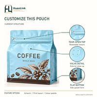 Sachet de café mat à fond plat, type stand-up, avec valve de dégazage unidirectionnelle et fermeture éclair refermable, impression personnalisée pour grains de café