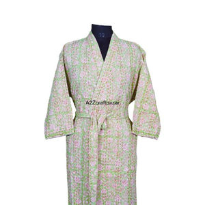 Eco Friendly Colorful Floral 100% Cotton <b>Long</b> Women <b>Kimono</b> Kantha Winter <b>Robe</b> Fabric Ethnic Traditional Vintage Indian Handmade - Product Image 3