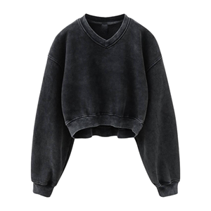 2025 Vintage mujer liso teñido Jersey polar invierno sudadera 100% algodón Casual Sudadera con capucha con cuello en V largo y mangas - Product Image 3