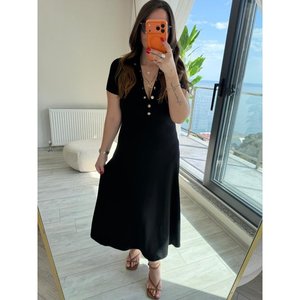 Robe longue en modal à manches courtes pour femme avec détails boutonnés sur les deux côtés, 37293 - Noir - Product Image 3