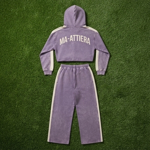 Conjunto de Sudadera con Capucha y Pantalones Deportivos para Mujer, Personalizado, Color Morado con Paneles en Contraste, Felpa de Algodón, Lavado Ácido, Ropa Deportiva Urbana, Venta al Por Mayor OEM - Product Image 5