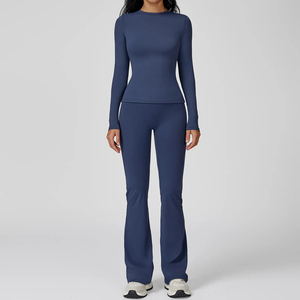Ensemble de yoga 2 pièces pour femmes, couleur unie violet, manches longues, col rond, taille haute, leggings sans couture pleine longueur, vêtements de sport - Product Image 4
