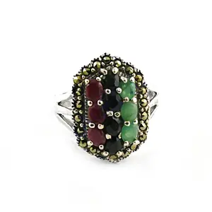 Women's Vintage 925 Silver Multi-Gemstone <b>Ring</b> 18K Gold Plated Classic Religious Style for Cocktail Jewelry - Product Image 3