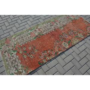 Alfombra turca vintage con área grande de 3,1x7,4 pies, diseño de retazos rectangulares en material de lana verde naranja, respaldo de látex para habitación de pasillo - Product Image 2