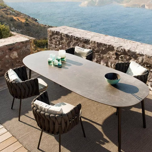 Luxury Nordic Solid Teak Wood <b>Outdoor</b> Dining <b>Table</b> Set <b>Black</b> Oval Sintered Stone Top Patio <b>Table</b> Weatherproof High End Villa - Product Image 4