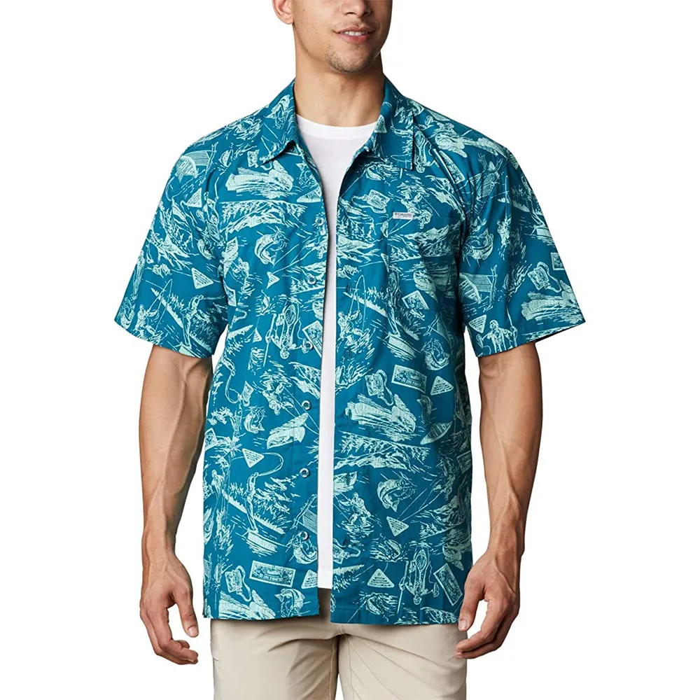 Kemeja pria musim panas atasan kasual lengan pendek kemeja Hawaii kerah berdiri cetak keren tipis kemeja pria gaun pria