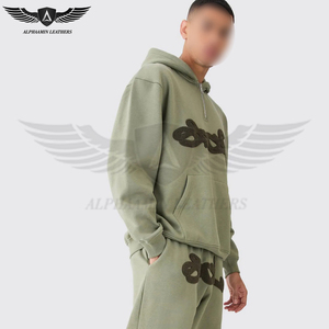 500 GSM recto acampanado estilo desgastado Sudadera con capucha pantalones de chándal de algodón ecológico con serigrafía - Product Image 2