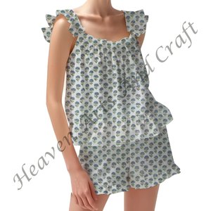 ชุดนอนลายดอกไม้สำหรับผู้หญิงเซ็ต2ชิ้นสำหรับเลานจ์ชุดนอนเสื้อท่อนบนกางเกงขาสั้นแต่งระบายมีสายรัดชุด PJ - Product Image 2