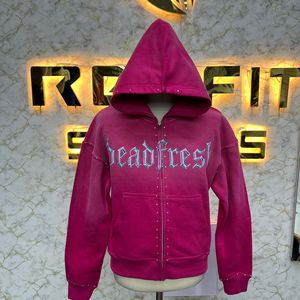 Pure Quality Reasonable Price <b>Pink</b> Zipper <b>Hoodie</b> Rhinestone Zipup Jacket Acid Wash Vintage Washed <b>Men</b> Fleece Streetwear <b>Hoodie</b> - Product Image 1