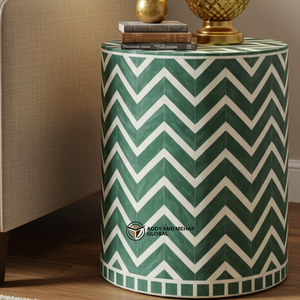 Table d'appoint en bois incrusté de chevrons marron et blanc, meuble d'appoint fait à la main pour l'exportation en gros - Product Image 3