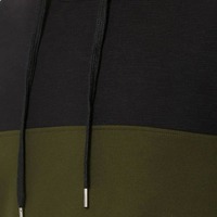 Hoodie Fleece Katun 100% Warna Hijau Zaitun Panel Blok Hitam Lengan Raglan Saku Samping Berbelah Pinggiran Berusuk Pewarnaan Polos Musim Dingin