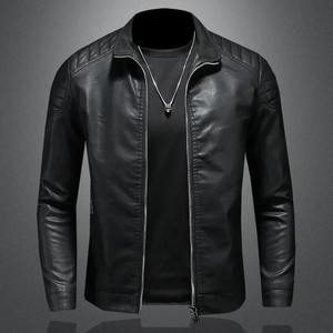 Veste en cuir slim pour homme de haute qualité avec col montant, poche zippée, décorée, veste de motard en cuir pour homme - Product Image 4