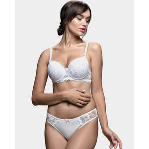 Conjunto de sujetador con aros y relleno de encaje convertible 250, con efecto push-up, copa triangular, estampado de logo y lazo decorativo, y braguita hipster. - Product Image 1