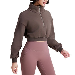 Sudadera con capucha de lana y Top corto personalizado para mujer, sudaderas informales con media cremallera para mujer, Sudadera con capucha recortada para mujer - Product Image 4