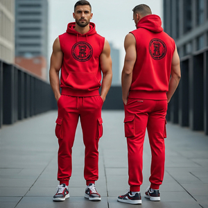 ชุดเสื้อมีฮู้ดแขนกุดและกางเกงขาตรงกางเกงวอร์มผ้าฝ้าย100% สำหรับผู้ชายกางเกงขาบานคาร์โก้ทรงหลวมขนาดใหญ่พิเศษ - Product Image 5