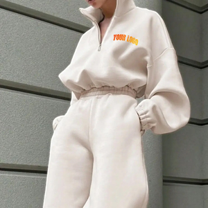 Ensemble deux pièces Offre Spéciale ensemble pantalons de survêtement et sweat à capuche automne et hiver ensemble survêtements amples en coton à demi-fermeture éclair de grande taille pour femmes - Product Image 5