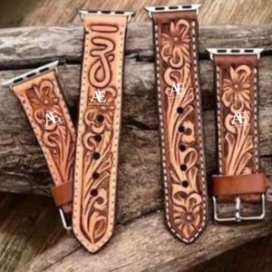 New Arrival Handmade Genuine Leather Custom Design Western Floral Tooled Painted Watch Band Boho Western Replacement Watch <b>Strap</b> - Product Image 1
