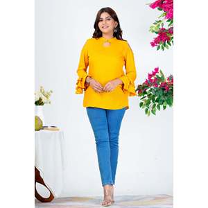 Top chic en mousseline de soie jaune pour femmes coréennes avec manches à volants et col en V - pour le printemps/été - taille XL - Product Image 3