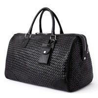 Sac de voyage en cuir véritable noir tissé à la main pour homme, sac de week-end de luxe, résistant à l'eau, écologique, grande capacité