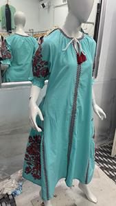 2021 bohemio negro ucraniano bordado Maxi vestido de algodón arrugado Top cuello en V cinturón 100% algodón cintura Natural manga corta - Product Image 2