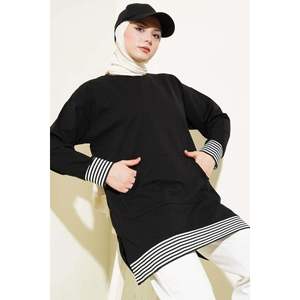 Tunique Rayée Côtelée à Poches Kangourou Noir - Product Image 1