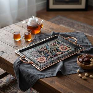 4-Person Rectangular <b>Cup</b> <b>Set</b> Oriental Design Style Copper Enamel Work From Erzincan - Product Image 3