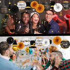 2026 Feliz Año Nuevo, farolillos de papel colgantes blancos y dorados negros, abanicos de papel, sombrero de copa de vino, juego de bolas de panal, recuerdo de fiesta - Product Image 3