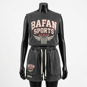 Ensemble t-shirt sans manches et short pour femme, 240 GSM, coton polyester, jersey French Terry, gris anthracite, tenue d'été - Product Image 3