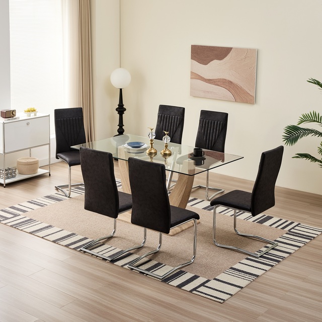 Rectangular New Design Tempered Glass Dining Table Set with 6 Modern Chairs Eco-Friendly Home Furniture