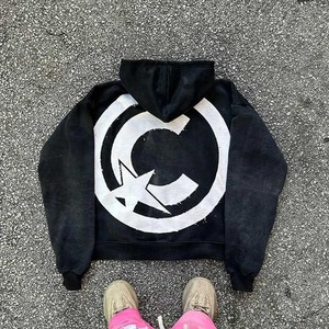 Sweat à capuche personnalisé pour hommes lavé à l'acide avec patch de broderie vintage en polaire zippée à motif imprimé vieilli - Product Image 3