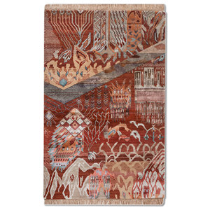 Alfombra Manchaha de Lana y Seda de Bambú con Patrón Abstracto Anudada a Mano en Rojo y Naranja - Para Uso Doméstico Les-2770 - Product Image 1