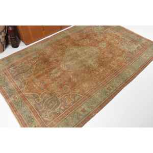 0.4x7.2 ft Vintage Rug, Turkish <b>Runner</b> Rug, Brown <b>Green</b> Bordered Rug - Product Image 2