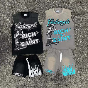 Vintage Summer Street Custom Clothing <b>Men</b> Spandex/Cotton <b>Fleece</b> Plain Dyed <b>Vest</b> Shorts Set Heat-Transfer Printed Breathable - Product Image 5