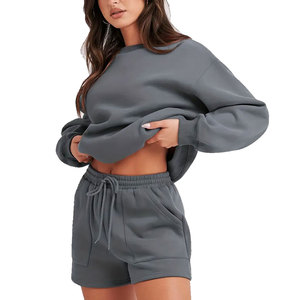 New Arrivals Winter Solid Custom Logo Women's Hoodie & <b>Shorts</b> Set High Quality Breathable 100% Cotton Fleece - Product Image 1