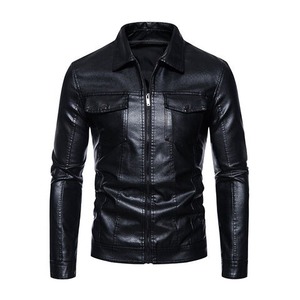 Chaqueta de cuero PU auténtica informal de otoño para hombre con solapa de negocios con cremallera fina de lona hinchada con tinte estampado - Product Image 3