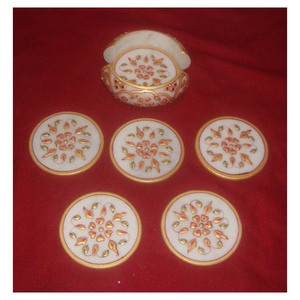 Pure Handmade and Polished White Alabaster Marble Inlaid Kitchen <b>Coaster</b> <b>Set</b> for Home and Kitchen Decoration Purpose - Product Image 1