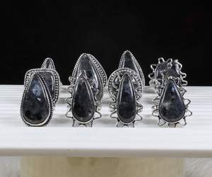 Bague plaquée argent pour femmes de créateur pierre précieuse de larvikite noire bijoux en laiton à la mode en gros diamant filles conception de breloques - Product Image 4