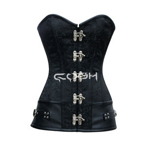 Overbust <b>Steel</b> <b>Boned</b> Waist Trainer <b>Corset</b> with Front Busk & Side Leather Panels - Product Image 4