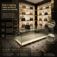 Vitrine de Luxe pour Sacs à Main de Marque avec Îlot Central Doré et Table en Verre – Ensemble de Mobilier Haut de Gamme pour Magasin de Détail – Présentoir pour Sacs de Créateurs